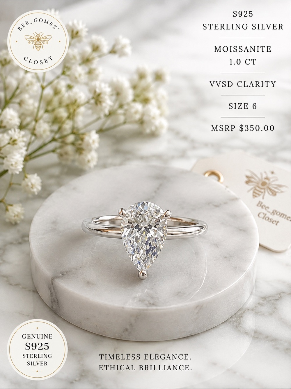Pear Shaped 1CT Moissanite Sterling Silver Ring - Clear/Silver
